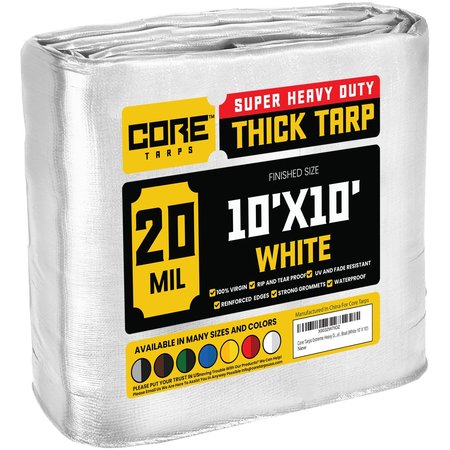 Core Tarps 10 ft L x 0.5 mm H x 10 ft W Heavy Duty 20 Mil Tarp, White, Polyethylene CT-704-10X10
